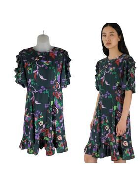 Kate Spade Fleur Nouveau Smocked Dress Ruffle Sleeve Hem Green Size 4